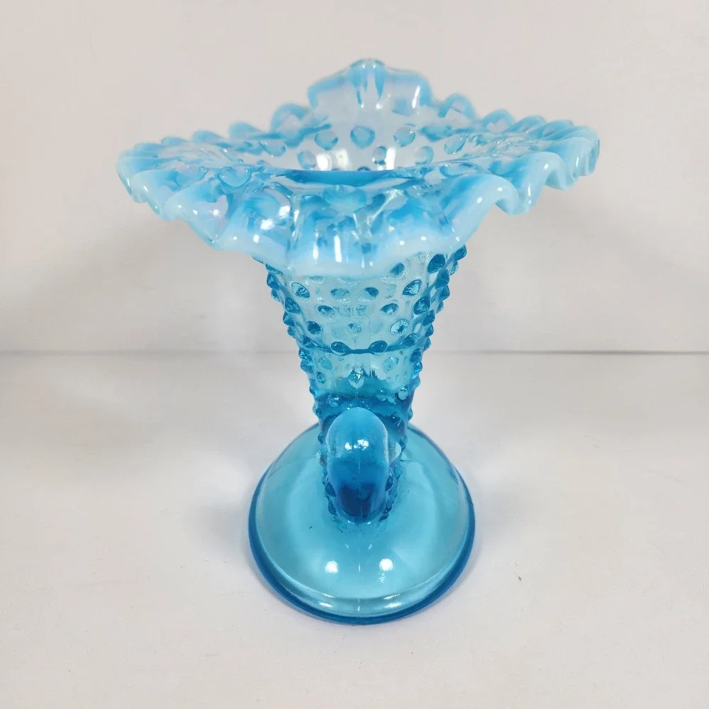 Fenton Blue Opalescent Hobnail Cornucopia Candle Holder Ruffled Rim Vase